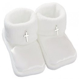 Baby White Satin Silver Cross Christening Booties